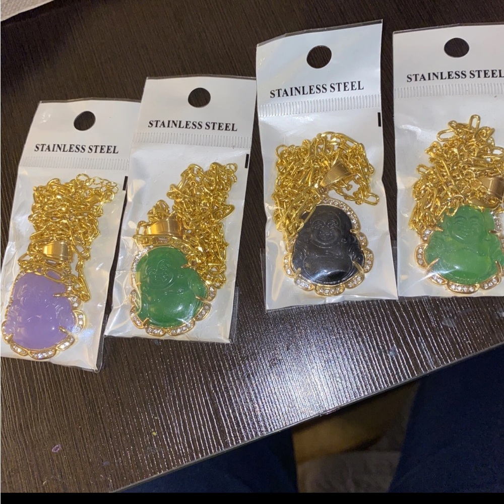 Stainless Steel Buddha Pendant Necklace Set - Gold, Green, Black, Purple